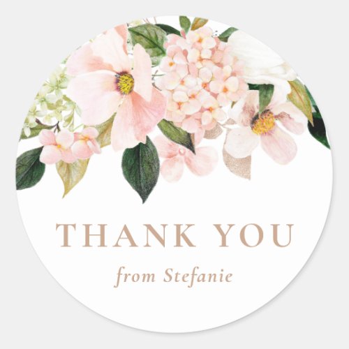 Blush Pink Magnolia and Hydrangea Thank You Classic Round Sticker