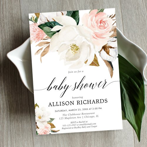 Blush pink magnolia floral rustic girl baby shower invitation