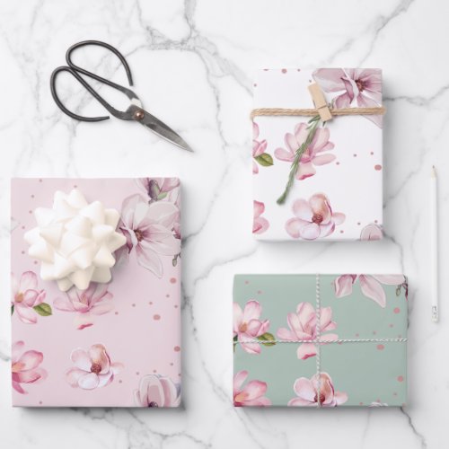 Blush Pink Magnolia Floral Watercolor Gift Wrapping Paper Sheets
