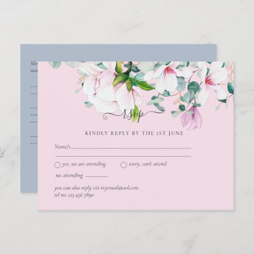 Blush Pink Magnolia Wedding RSVP Postcard