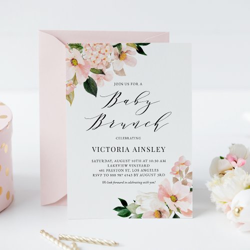 Blush Pink Magnolias and Hydrangeas Baby Brunch Invitation