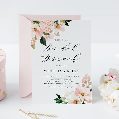 Blush Pink Magnolias and Hydrangeas Bridal Brunch Invitation