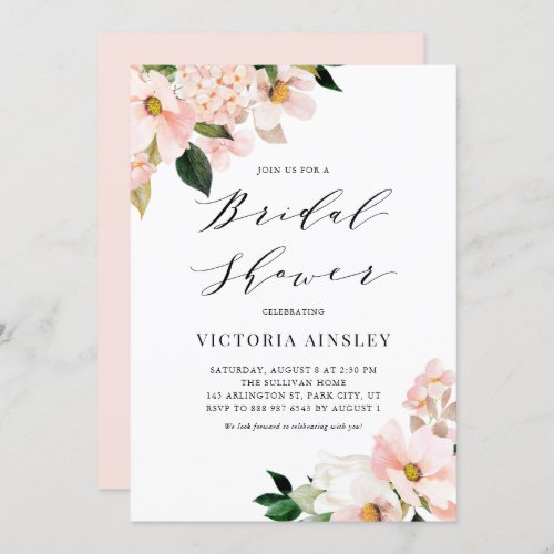 Blush Pink Magnolias and Hydrangeas Bridal Shower Invitation