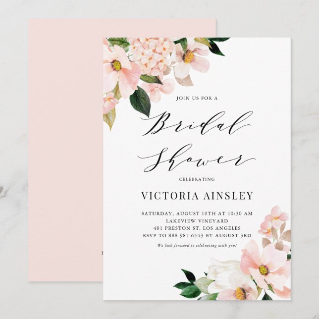 Blush Pink Magnolias and Hydrangeas Bridal Shower Invitation (Front/Back)