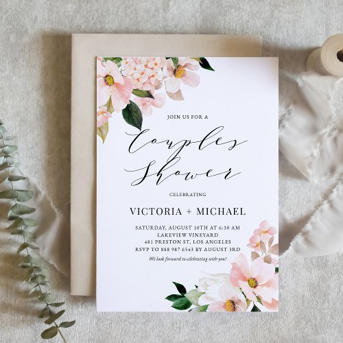 Blush Pink Magnolias and Hydrangeas Couples Shower Invitation