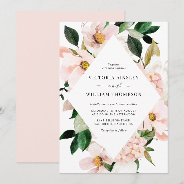 Blush Pink Magnolias and Hydrangeas Frame Wedding Invitation (Front/Back)