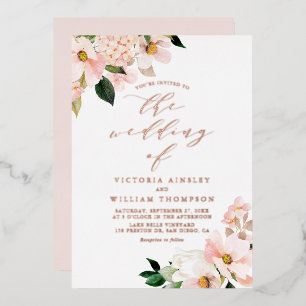 Blush Pink Magnolias and Hydrangeas Wedding Foil Invitation