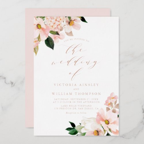Blush Pink Magnolias and Hydrangeas Wedding Foil Invitation
