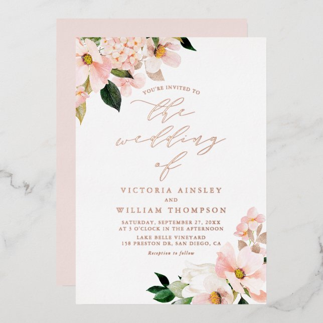 Blush Pink Magnolias and Hydrangeas Wedding Foil Invitation (Front/Back)
