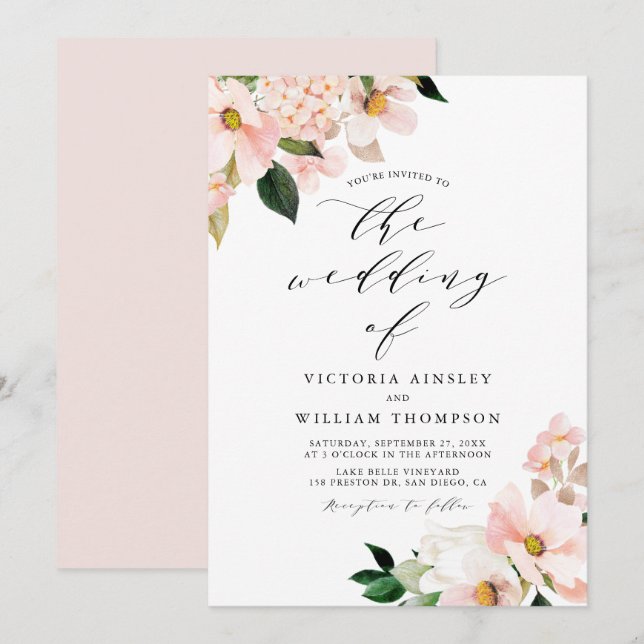 Blush Pink Magnolias and Hydrangeas Wedding Invitation (Front/Back)