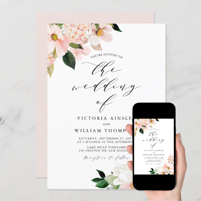 Blush Pink Magnolias And Hydrangeas Wedding Invitation Zazzle 3982