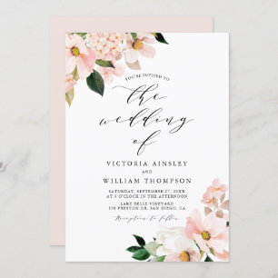 Blush Pink Magnolias and Hydrangeas Wedding Invitation