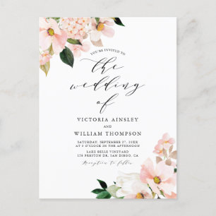 Blush Pink Magnolias and Hydrangeas Wedding Invitation Postcard