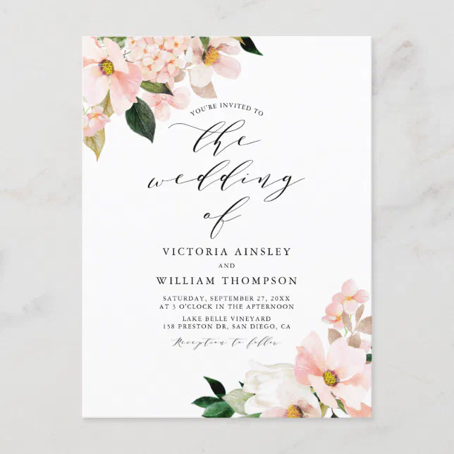 Blush Pink Magnolias And Hydrangeas Wedding Invitation Postcard Zazzle 0401