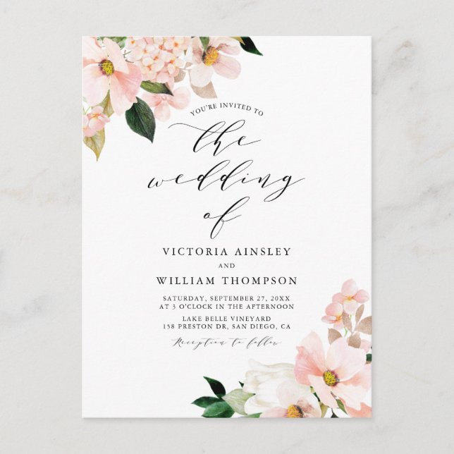 Blush Pink Magnolias and Hydrangeas Wedding Invitation Postcard (Front)