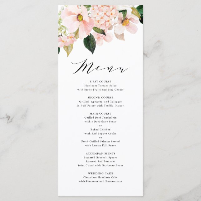 Blush Pink Magnolias and Hydrangeas Wedding Menu (Front)