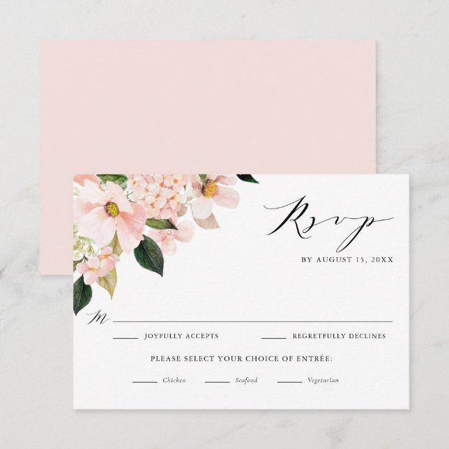 Blush Pink Magnolias and Hydrangeas Wedding RSVP Card (Front/Back)