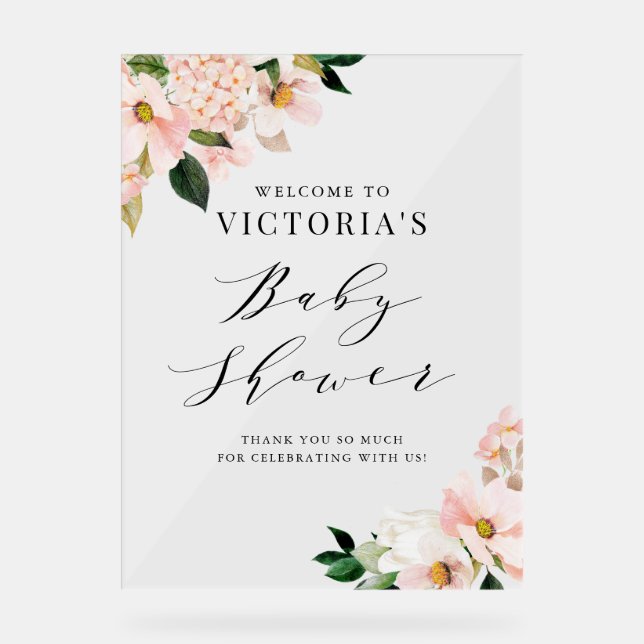 Blush Pink Magnolias Floral Baby Shower Welcome Acrylic Sign (Front)