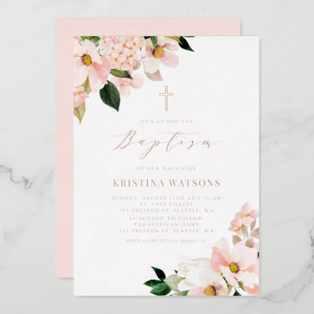 Blush Pink Magnolias Hydrangeas Rose Gold Baptism Foil Invitation | Zazzle