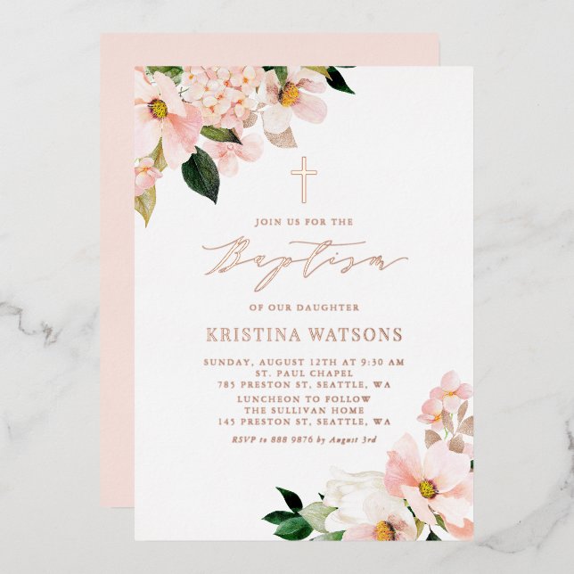 Blush Pink Magnolias Hydrangeas Rose Gold Baptism Foil Invitation (Front/Back)