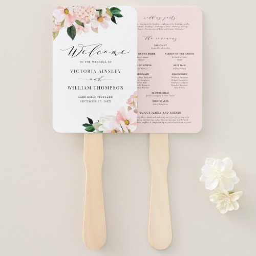 Blush Pink Magnolias  Hydrangeas Wedding Programs Hand Fan