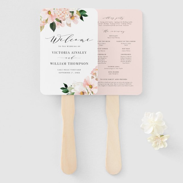 Blush Pink Magnolias & Hydrangeas Wedding Programs Hand Fan (Front and Back)