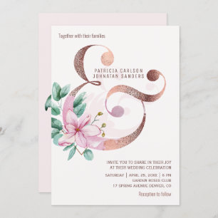 Blush pink magnolias rose gold ampersand wedding invitation