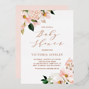 Blush Pink Magnolias Rose Gold Baby Shower Foil Invitation