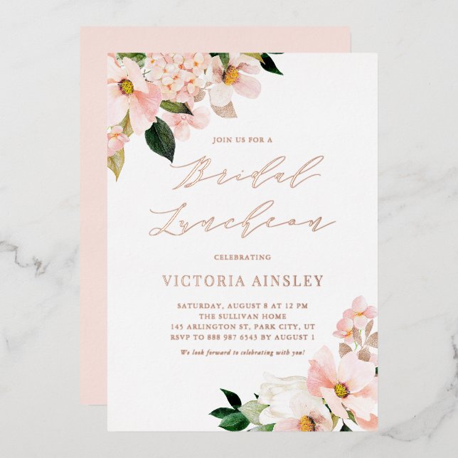 Blush Pink Magnolias Rose Gold Bridal Luncheon Foil Invitation (Front/Back)