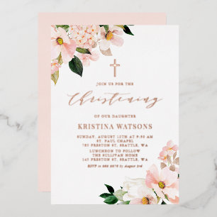 Blush Pink Magnolias Rose Gold Christening Foil Invitation