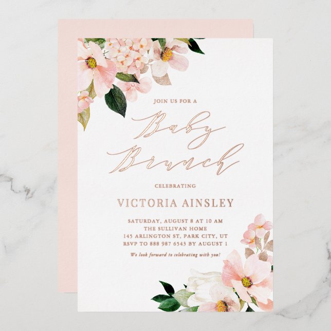 Blush Pink Magnolias Rose Gold Foil Baby Shower Invitation (Front/Back)