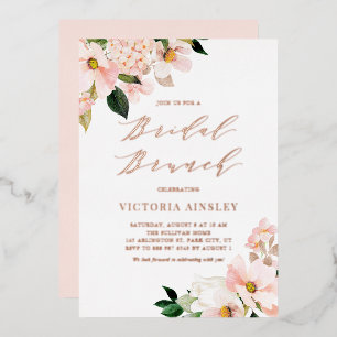 Blush Pink Magnolias Rose Gold Foil Bridal Brunch Invitation