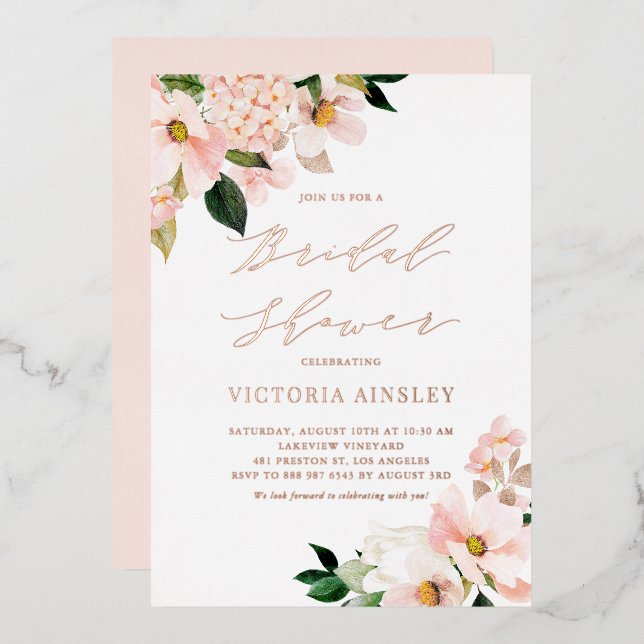 Blush Pink Magnolias Rose Gold Foil Bridal Shower Foil Invitation (Front/Back)