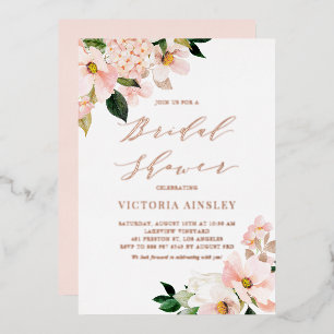 Blush Pink Magnolias Rose Gold Foil Bridal Shower Invitation