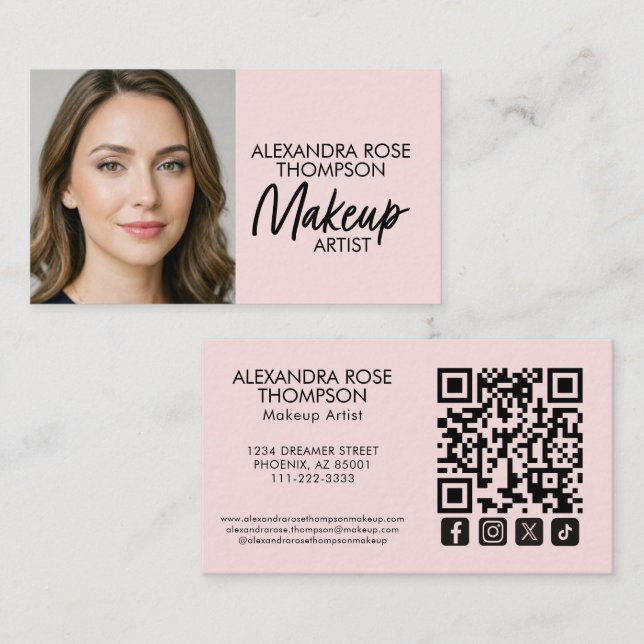 Blush Pink Makeup Artist Qr Code Social Icon Business Card (Front/Back)