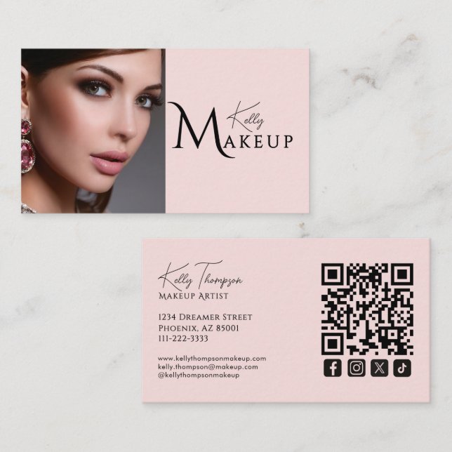 Blush Pink Makeup Artist Qr Code Social Icon Business Card (Front/Back)