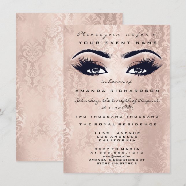 Blush Pink Makeup Glitter Eyes 16th Bridal Damask Invitation (Front/Back)