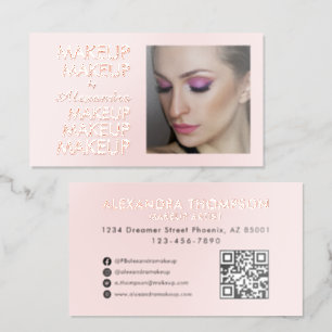 Blush Pink Makeup Social Icons Qr Code Photo Foil Spot Gloss Business Cards