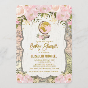 Blush Pink Map Baby Shower Invite Travel Adventure