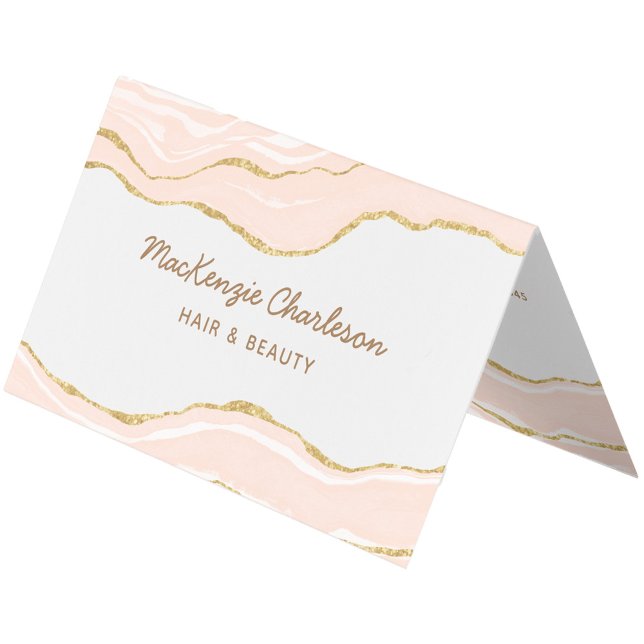 Blush Pink Marble Agate Gold Glitter Business Card (Blush pink marble agate with faux gold glitter folded custom business card)