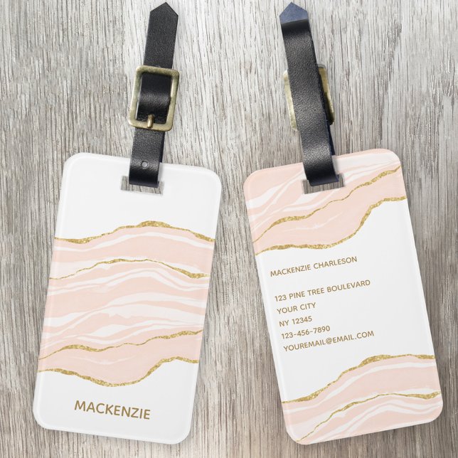 Blush Pink Marble Agate Gold Glitter Luggage Tag (Creator Uploaded)