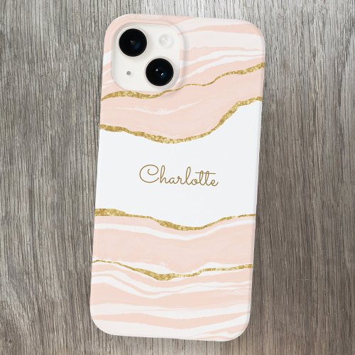 Blush Pink Marble Agate Gold Glitter Personalized Case_Mate iPhone 14 Case