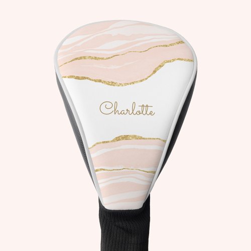 Blush Pink Marble Agate Gold Glitter Personalized Golf Head Cover