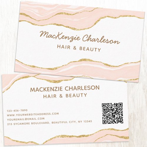Blush Pink Marble Agate Gold Glitter QR Code Business Card