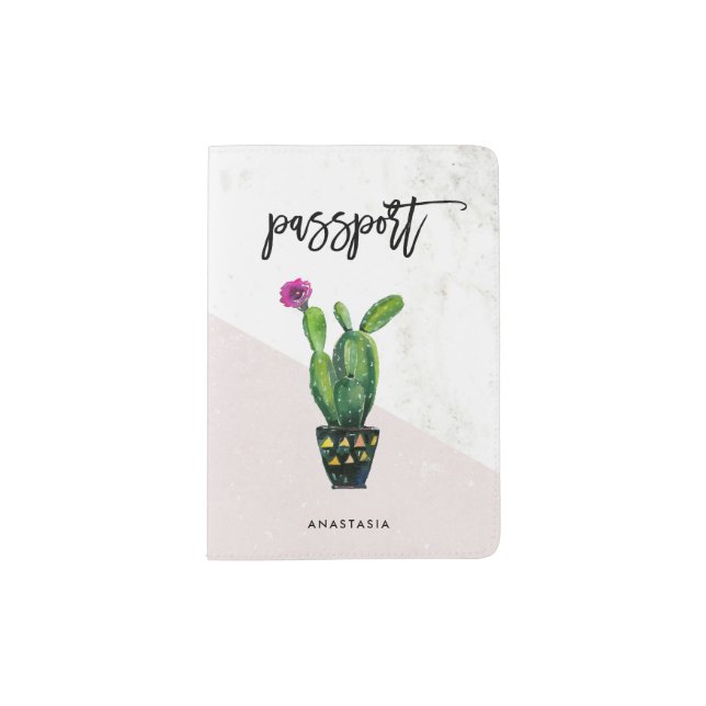Blush Pink Marble and Cactus | Script Passport Holder (Front)