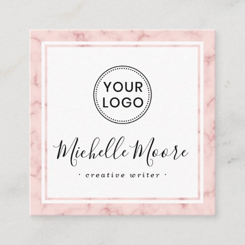 Blush pink marble border custom logo elegant square business card