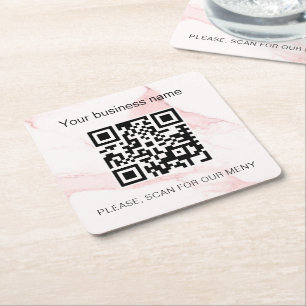 Blush pink marble business bar restaurant qr code square paper coaster