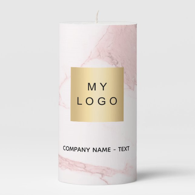 Blush pink marble business company logo text pillar candle (Front)