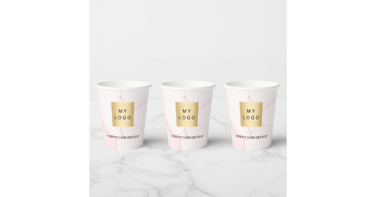 Blush pink marble business corporate logo qr code paper cups | Zazzle