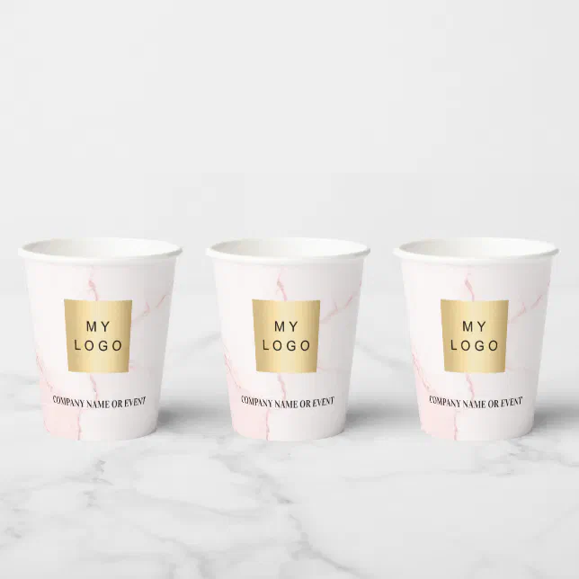 Blush pink marble business corporate logo qr code paper cups | Zazzle